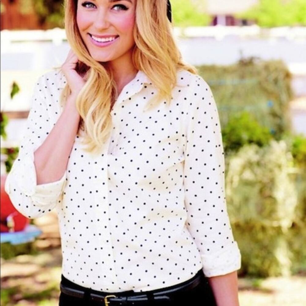 SO Sheer Women’s Button Down White Black Polka Down Top Size Medium